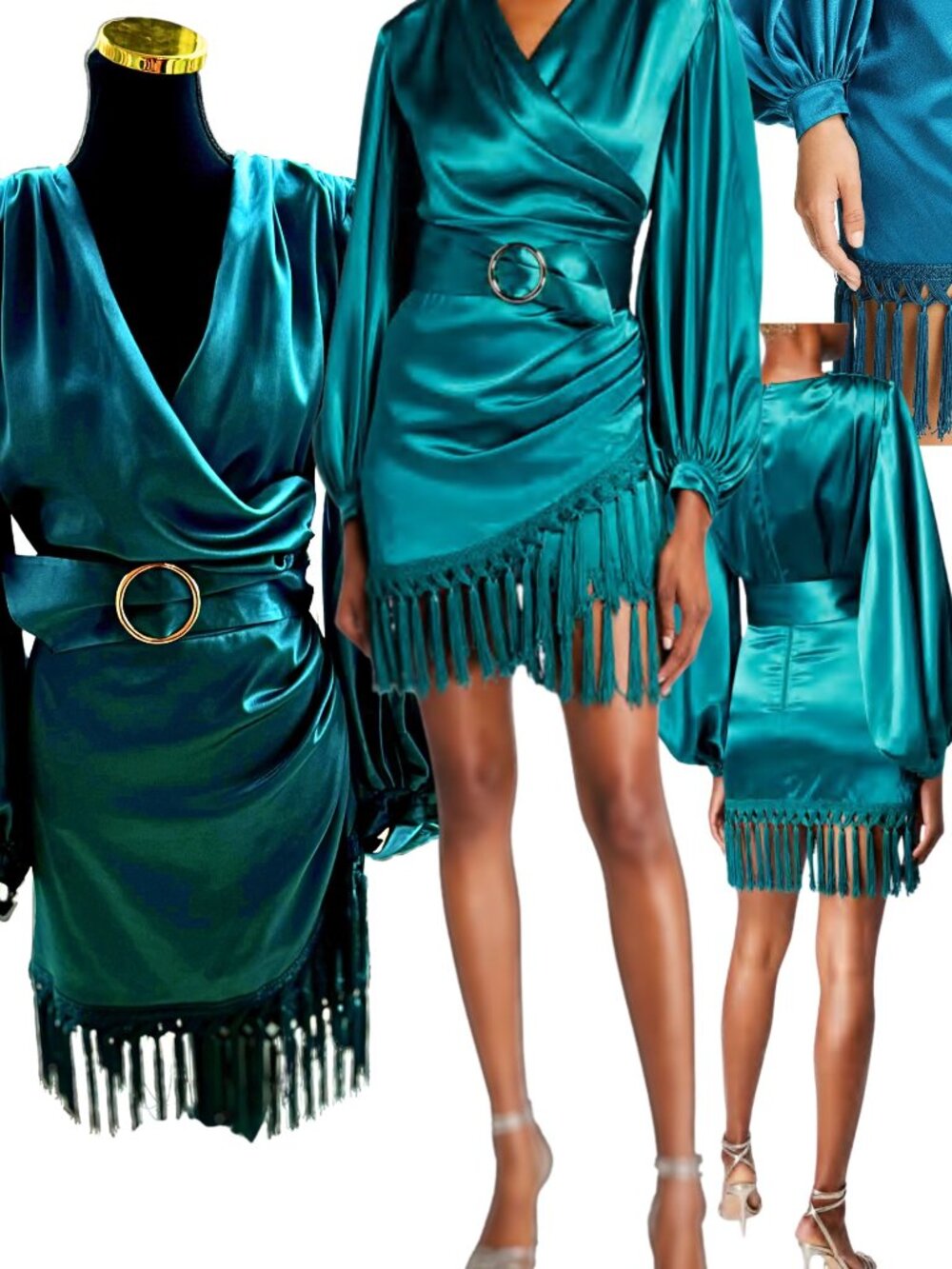 🆕 BRONX & BANCO 🧿 NWOT Monica Long Sleeve Satin Wrap Dress Fringed Hem- S US4